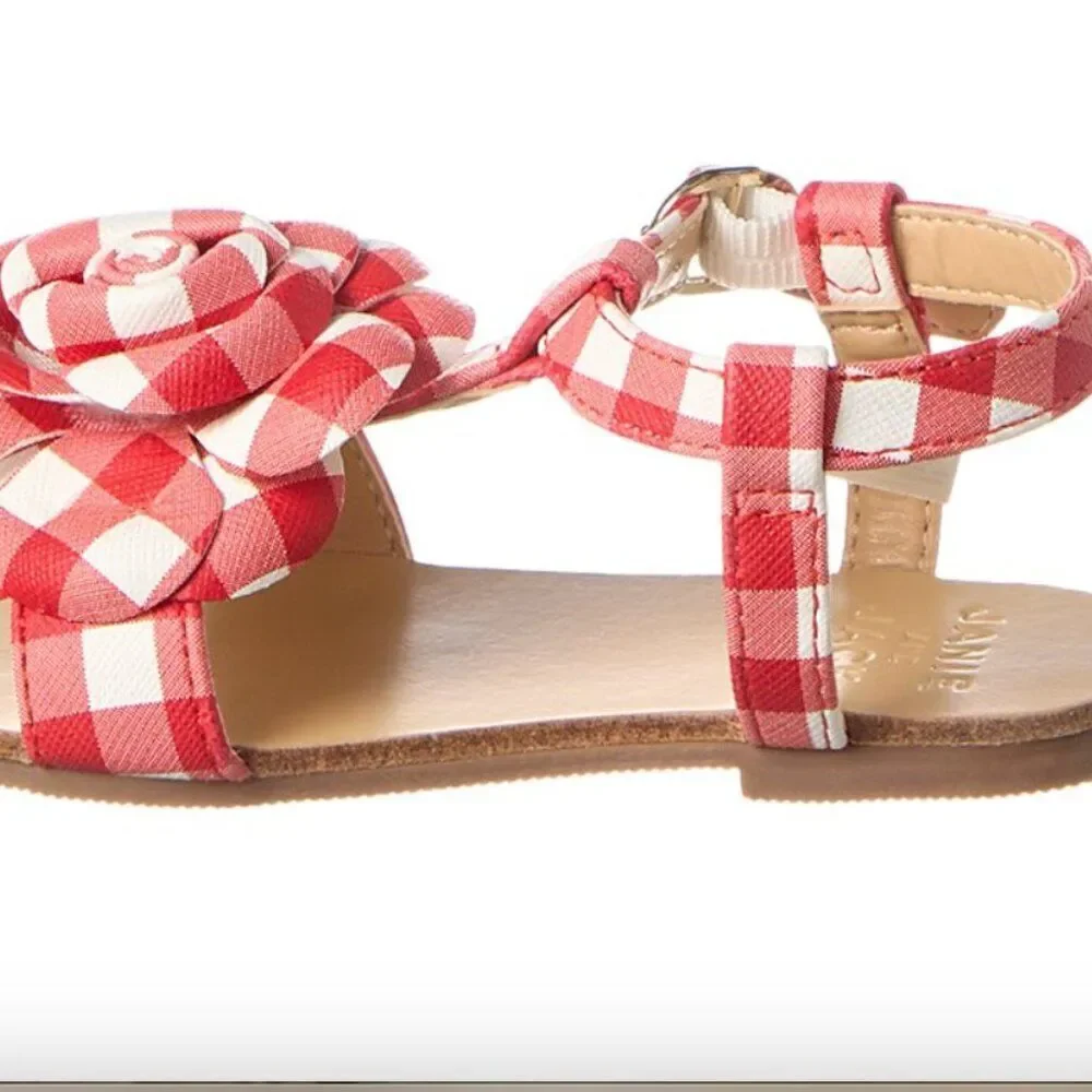 Janie and Jack 100049293 Red and White Gingham sandals Flower detail NWT